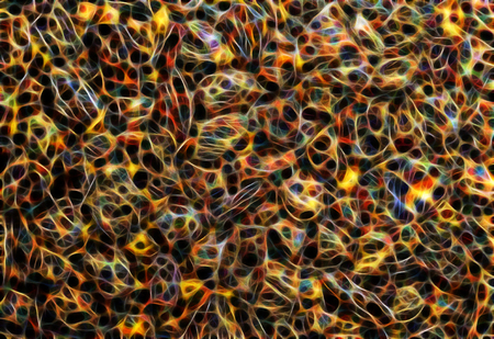 Abstract amber-orange background with silhouettes of various shaped objects and fractals.の写真素材