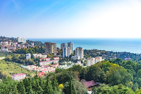 Sochi, Russia-October 7, 2016: The urban landscape of a tropical resort city in the autumn time of year.のeditorial素材