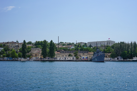 Sevastopol, Crimea-June 14, 2015: Seascape with views of the port city in summer clear weather.のeditorial素材
