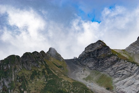 mountain landscape with rocky slopes and the cable car in Krasnaya Polyana.の写真素材