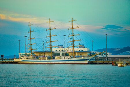Sochi, Russia-October 10, 2016: Sailing ship Mir at the pier in the modern seaport of the Russian city.のeditorial素材