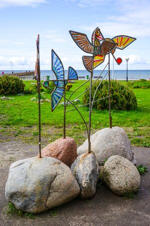 Zelenogradsk, Russia-may 17, 2016: Decoration for city streets in the form of birds of stained glass and metal.のeditorial素材