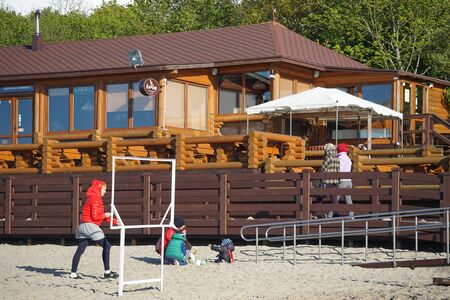 Zelenogradsk, Russia-may 17, 2016: the popular cafe Barn made of wood is located near the citys sandy beach.のeditorial素材