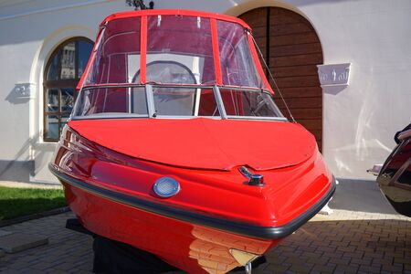 Red boat on exhibition at the seaport on a Sunny day. Sochi, Russia, April 25, 2015.のeditorial素材