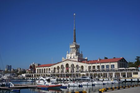 Sochi, Russia-April 25, 2015: Beautiful yacht on the background of the sights of the resort city at the seaport.のeditorial素材