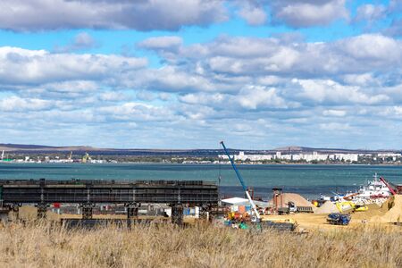 Seascape with views of the coastline and the Kerch bridge.のeditorial素材