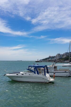 Yalta, Crimea-may 30, 2018: Seaport city with white boats at the pier.のeditorial素材