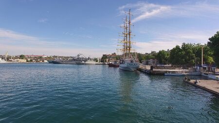 Sevastopol, Crimea-June 4, 2018: Aerial photography of the seaside city on a Sunny day.のeditorial素材