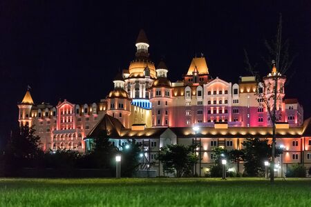 Sochi, Russia-June 9, 2018: Beautiful illumination of Bogatyr hotel in Adler district of Sochi at night.のeditorial素材