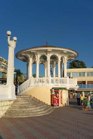 Sochi, Russia-June 14, 2018: White colonnade on the waterfront of the seaport.のeditorial素材