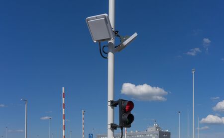 Simferopol, Crimea-may 22, 2018: Traffic lights on the automatic barrier at the airportのeditorial素材