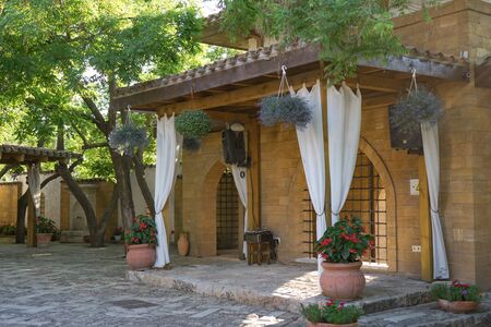 Evpatoria, Crimea-may 25, 2018: the courtyard of the restaurant Crimean Tatar cuisine Jevalのeditorial素材