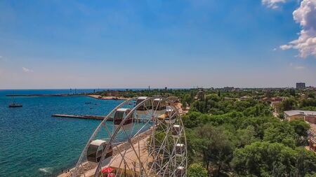 Evpatoria, Crimea-June 8, 2017: Aerial photography of the Tereshkova embankment with a modern Ferris wheel.のeditorial素材