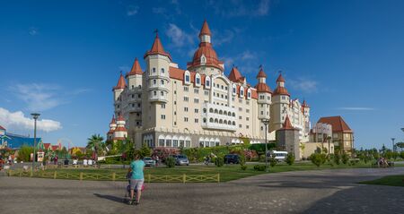 Sochi, Russia-June 19, 2018: Panorama of the Park with the hotel Bogatyr in the form of an ancient castle.のeditorial素材