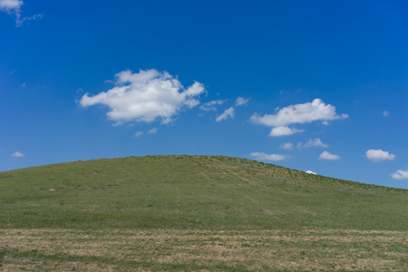 Green hill covered with grass on a blue sky background with clouds on a summer day.の写真素材