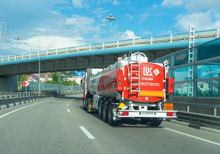 Sochi, Russia-June 19, 2018: Big red car with fuel going on the roadのeditorial素材