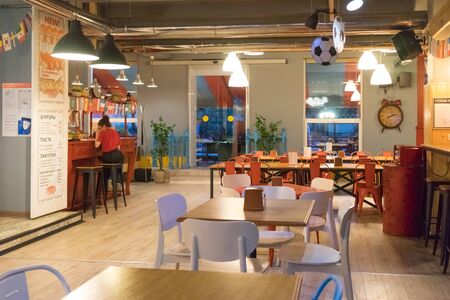 Sochi, Russia-June 23, 2018: The interior of the city cafe in the eveningのeditorial素材