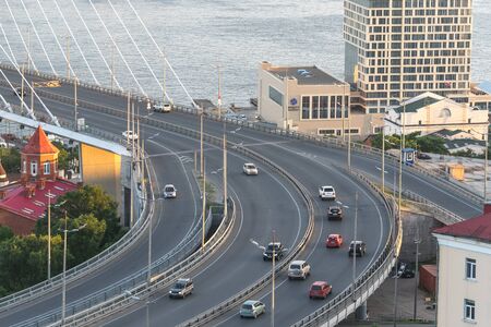 Vladivostok, Russia-July 29, 2018: car traffic on the Golden bridgeのeditorial素材