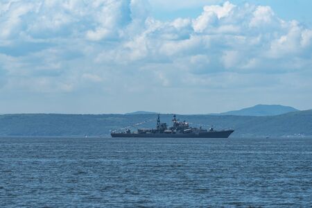 Vladivostok, Russia-July 28, 2018: Seascape with a convoy of military vehicles on the roads.のeditorial素材