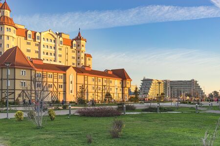 Sochi, Russia-January, 2018: hotel Bogatyr in the evening at sunsetのeditorial素材