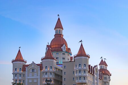 Sochi, Russia-January, 2018: popular hotel Bogatyr in the evening at sunset.のeditorial素材