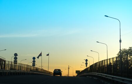 Sochi, Russia-may 17, 2018: Russian-Abkhazian border in the light of a counter at sunset.のeditorial素材