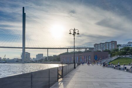 Vladivostok, Russia-August 11, 2018: The Cesarevitch quay overlooking the Golden bridgeのeditorial素材