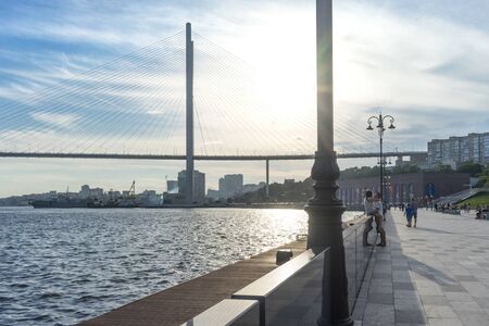Vladivostok, Russia-August 11, 2018: The Cesarevitch quay overlooking the Golden bridgeのeditorial素材