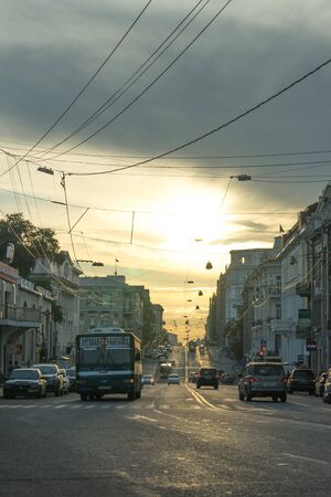 Vladivostok, Russia-August 11, 2018: One of the Central streets in the light of the sunset.のeditorial素材