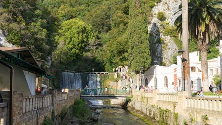 attraction of the city: the river leading to an artificial waterfallのeditorial素材