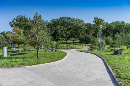 A path in a modern well-kept Park with green trees and a wooden bridge. Vladivostok, Russiaの写真素材