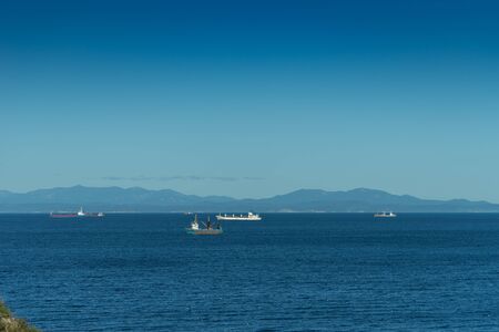 Vladivostok, Russia - September 1, 2018: Seascape with ships on the background of the sea.のeditorial素材