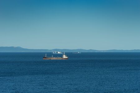 Vladivostok, Russia - September 1, 2018: Seascape with ships on the background of the sea.のeditorial素材