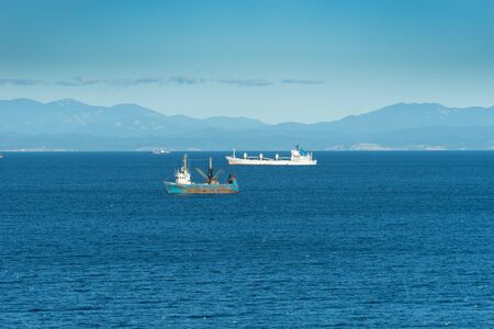 Vladivostok, Russia - September 1, 2018: Seascape with ships on the background of the sea.のeditorial素材