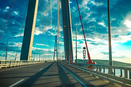 Vladivostok, Russia - September 8, 2018: The road with cars passing on the Russian bridge.のeditorial素材