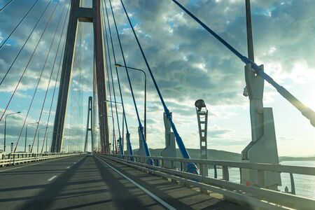 Vladivostok, Russia - September 8, 2018: The road with cars passing on the Russian bridge.のeditorial素材
