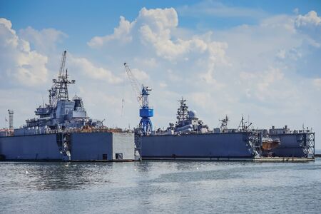 Baltiysk, Russia - may 19, 2016: Urban landscape with a seaport and ships at the pier.のeditorial素材