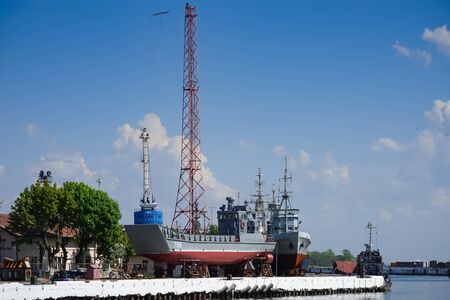 Baltiysk, Russia - may 19, 2016: Urban landscape with a seaport and ships at the pier.のeditorial素材