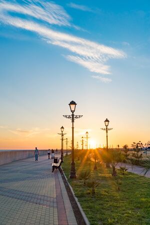 Sochi, Russia-June 9, 2018: Cityscape with sunset view over the waterfront of the resort town.のeditorial素材