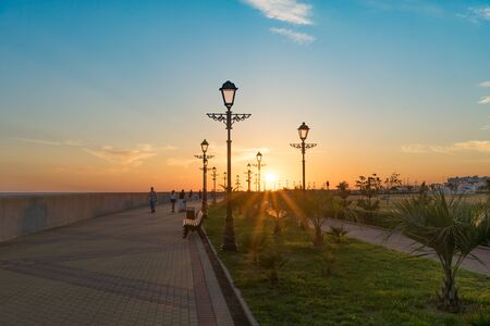 Sochi, Russia-June 9, 2018: Cityscape with sunset view over the waterfront of the resort town.のeditorial素材
