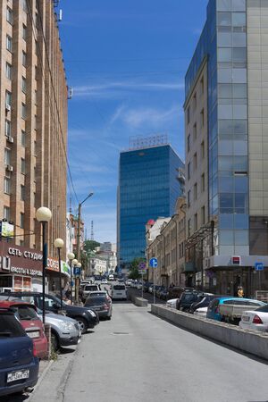 Vladivostok, Russia - August 17, 2018: Urban landscape and architecture of the city against the blue sky.のeditorial素材