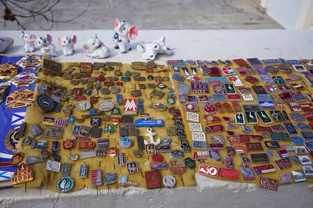 Sevastopol, Crimea-March 16, 2018: Street sale of the collection of icons and statues of different types.のeditorial素材