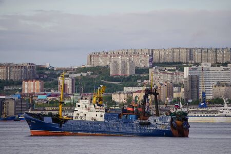 Murmansk, Russia-June 5, 2015: Seascape in the Kola Strait overlooking the ships and the city.のeditorial素材