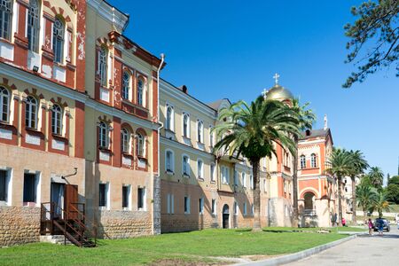 New Athos, Abkhazia-July 29, 2014: The architecture of the ancient monastery against the blue sky.のeditorial素材