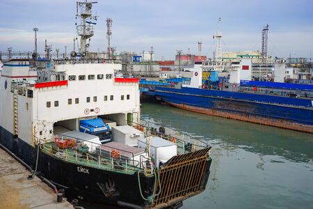 Taman, Russia-March 11, 2015: The ships are berthed in the port of Caucasus. Water transport.のeditorial素材