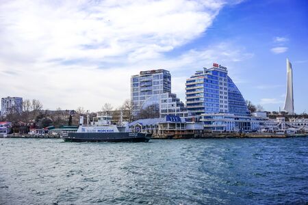 Sevastopol, Crimea-March 16, 2015: City view from the sea, sights and architectureのeditorial素材