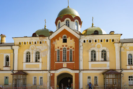 New Athos, Abkhazia-July 29, 2014: The architecture of the ancient monastery against the blue sky.