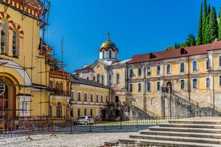 New Athos, Abkhazia-July 29, 2014: The architecture of the ancient monastery against the blue sky.のeditorial素材