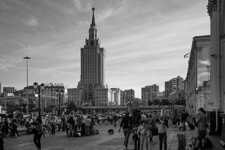 Moscow, Russia -June 2, 2015: urban landscape of a large city with sights and people in black and...
