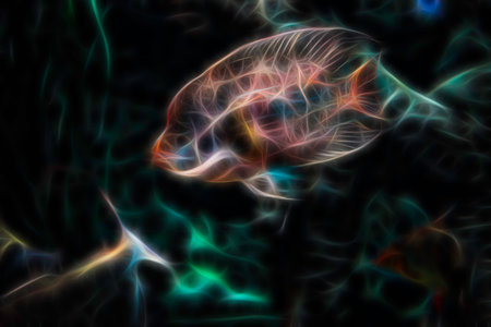 glowing abstract silhouette of fish on a dark background. For design and networking.
